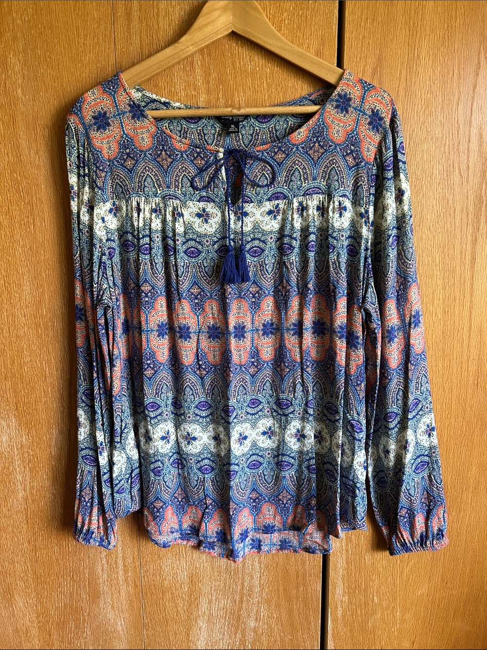 Lucky Brand Boho Long-Sleeve Peasant Top - Blue & Orange